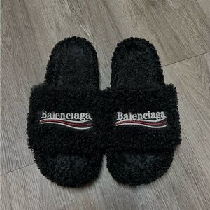 Balenciaga Black Fuzzy Logo Slide Sandals with Red & White Stripe